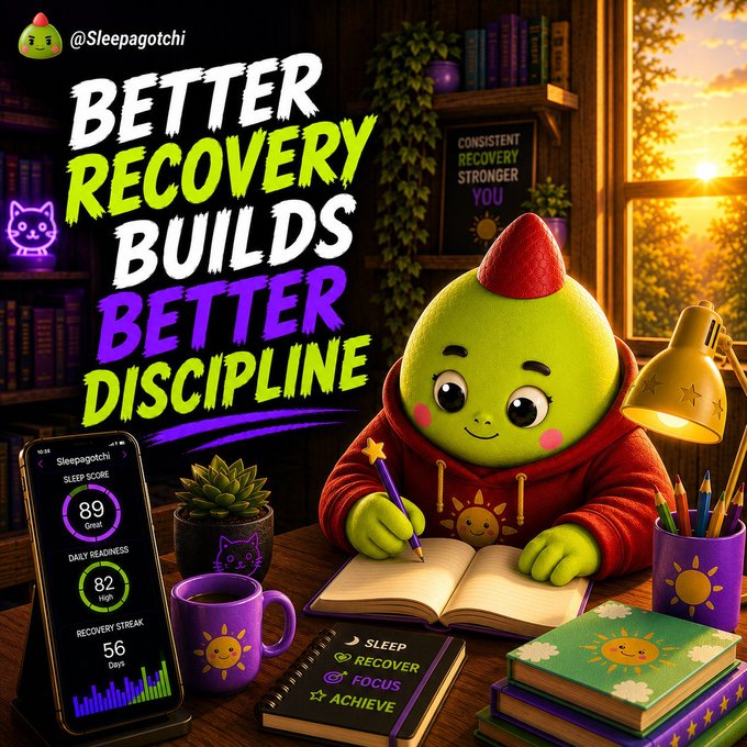 A promotional graphic for @Sleepagotchi reading 'BETTER RECOVERY BUILDS BETTER DISCIPLINE,' featuring a green character in a red hoodie writing in a notebook, alongside a phone displaying a Sleep Score of 89 and Recovery Streak of 56 Days.
