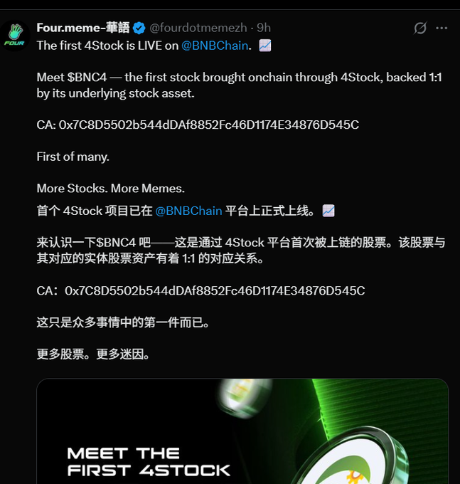 A post from 'Four.meme-華語' announcing the first 4Stock ($BNC4) on @BNBCChain, with the contract address 0x7C8D5502b544dDAf8852Fc46D1174E34876D545C and a 'MEET THE FIRST 4STOCK' image.