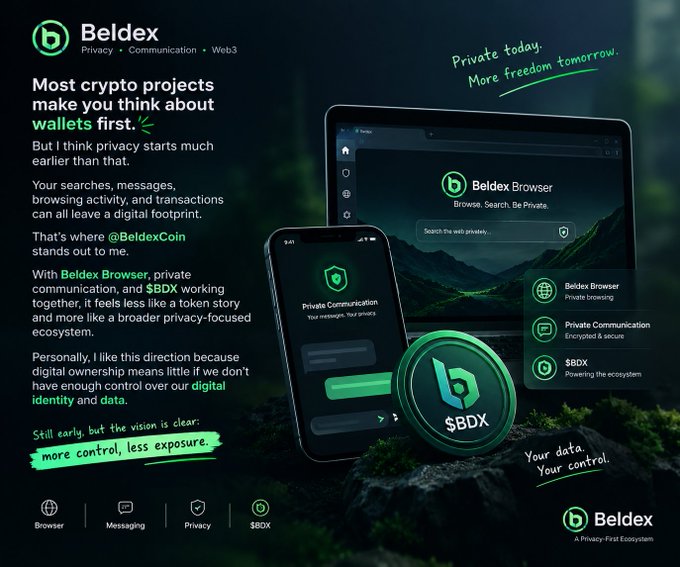 A promotional graphic for Beldex, a privacy-first ecosystem featuring Beldex Browser, Private Communication, and the $BDX token, with the tagline 'Private today. More freedom tomorrow.' and 'Your data. Your control.'