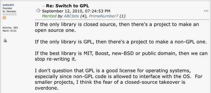 A screenshot of a BitcoinTalk forum post by user "satoshi" (Sr. Member, Activity: 364, Merit: 9131) from September 12, 2010, titled "Re: Switch to GPL," where Satoshi argues that GPL concerns are overstated because alternative open-source projects can always emerge to counter closed-source dominance, stating the fear of a "closed-source takeover is overdone."