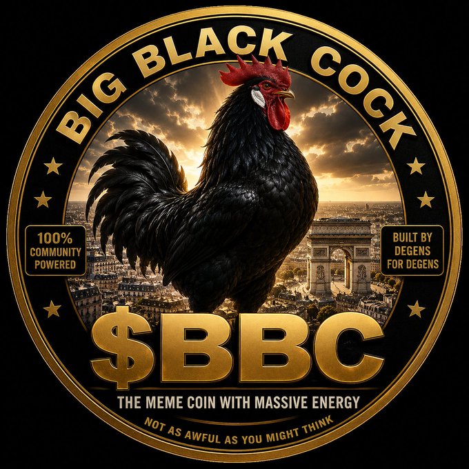 The image is a polished, gold-and-black circular emblem featuring a majestic black rooster standing over a Parisian skyline at sunset, with the text "BIG BLACK COCK," "$BBC," "100% COMMUNITY POWERED," "BUILT BY DEGENS FOR DEGENS," and the tagline "THE MEME COIN WITH MASSIVE ENERGY — NOT AS AWFUL AS YOU MIGHT THINK."

The graphic is the official branding for the $BBC memecoin being promoted, though the poster humorously admits it "doesn't look too good" given the unavoidably crude acronym the imagery is built around.