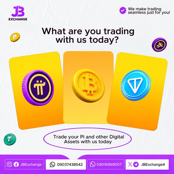 A promotional graphic for JB Exchange featuring coin icons for Pi (purple) and Bitcoin (orange) prominently displayed, with the headline "What are you trading with us today?" and a call-to-action to "Trade your Pi and other Digital Assets with us today," accompanied by contact numbers (09037438542, 09016959007) and the social handle @JBExchange. The image directly supports the post's message of facilitating trades for Pi and other cryptocurrencies like BTC, USDT, and more via WhatsApp at +2349037438542.
