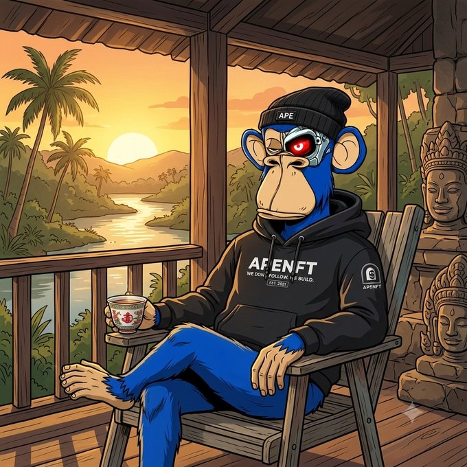 A digital illustration shows a blue Bored Ape-style character with a red cybernetic eye wearing an 'APENFT' hoodie, sitting in a wooden chair holding a teacup at sunset.