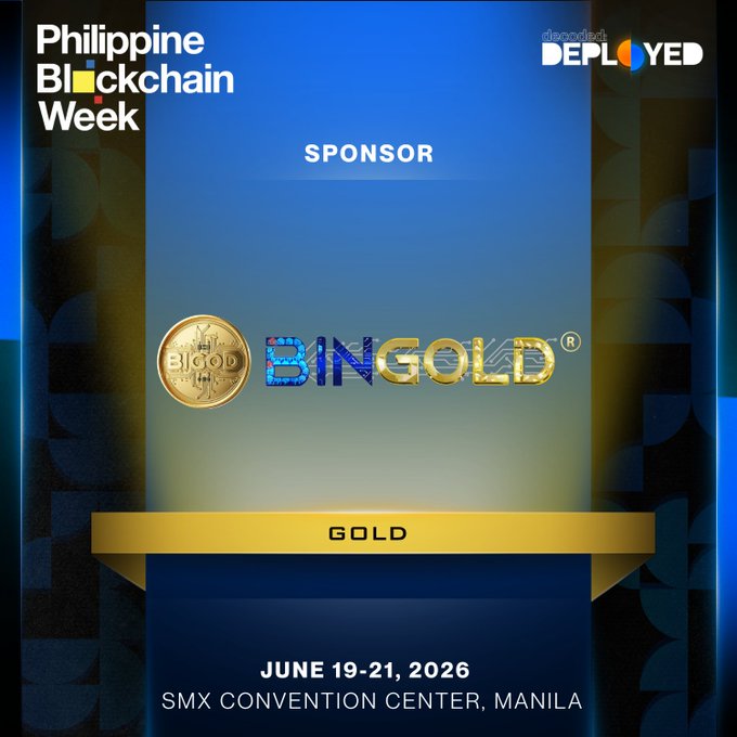 The image features a poster for the Philippine Blockchain Week that includes a gold coin logo with the text "BIGOD" written on it. The poster also displays the date "June 19 - 21, 2016" and the location "SMX Convention Center, Manila". The event is described as a global movement driving the future of Blockchain, Web3, AI, and FinTech.