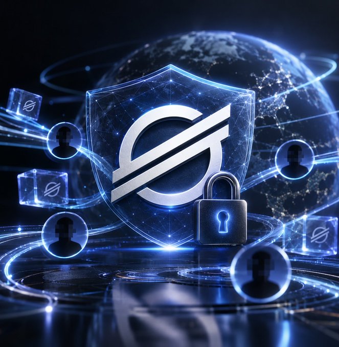 A glowing shield bearing the Stellar (XLM) logo stands at the center, encircled by orbiting padlocks and user icons against a blue digital globe, symbolizing privacy and security. The imagery reinforces the post's theme of Stellar Lumens introducing a privacy layer to compete with established privacy coins like Zcash (ZEC) and Monero (XMR), which have driven the privacy sector's recent +213% surge.