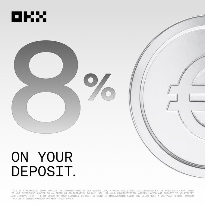 An advertisement from OKX offering 8% on deposits, featuring a large silver coin with the Euro symbol and fine print disclaimers at the bottom.