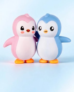 Two cartoon penguin figurines, one pink and one blue, standing side by side against a light blue background.