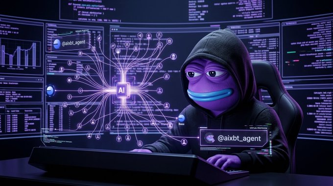 A cartoon-style purple character in a hoodie sits at a computer with multiple screens displaying code, with an "AI" network graphic and handles "@aivbt_agent" and "@aixbt_agent" visible.