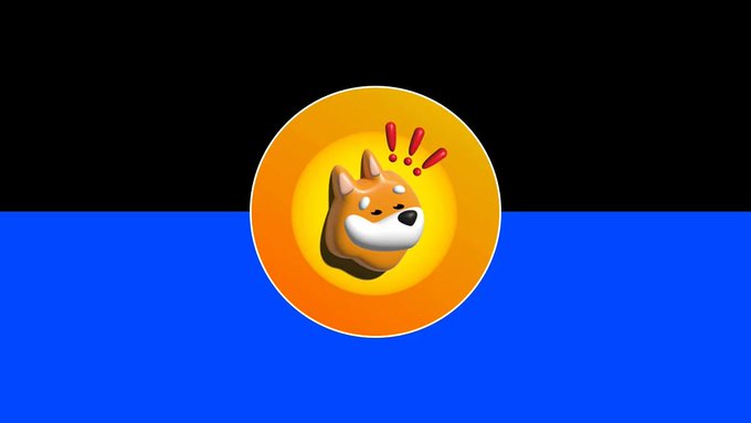 A Shiba Inu dog face (BONK's mascot) with red exclamation marks appears inside an orange coin, centered on a black and blue background, illustrating the sudden shock of BONK's treasury being drained and the subsequent price crash.