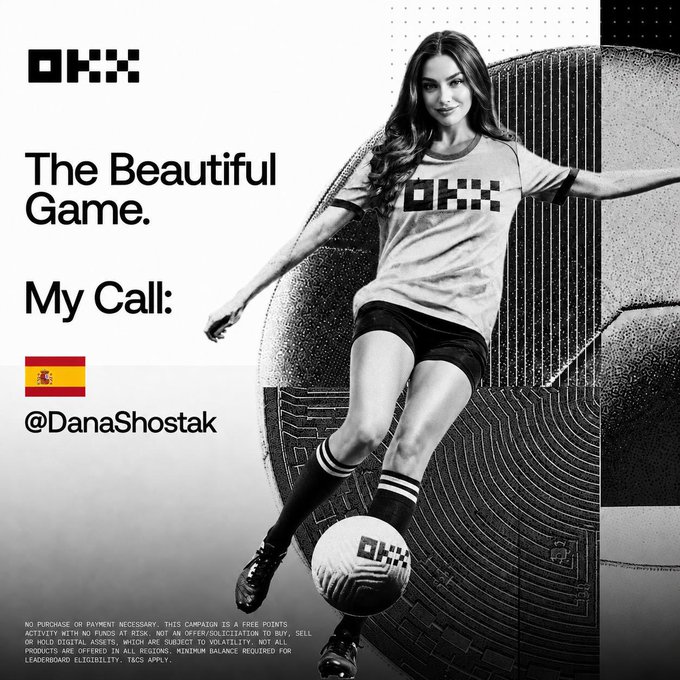 The image features a woman wearing a soccer uniform with the word "OK" written across her chest. She is holding a soccer ball, which she appears to be preparing for a kick or about to perform one. The background of the image consists of a black and white patterned design that includes various elements such as a soccer ball, a pair of shorts, and a flag. The text "The beautiful game" is written above the woman's head, while the phrase "My call: my pick' s in for Spain" is below her.