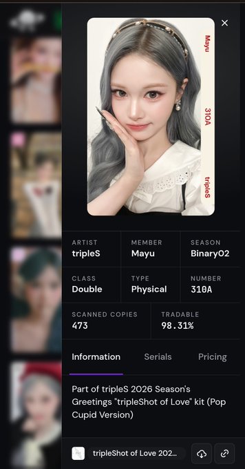 A digital trading card interface displaying a photocard of tripleS member Mayu (number 310A), part of the 'tripleShot of Love' Pop Cupid Version kit, with 473 scanned copies and 98.31% tradable.