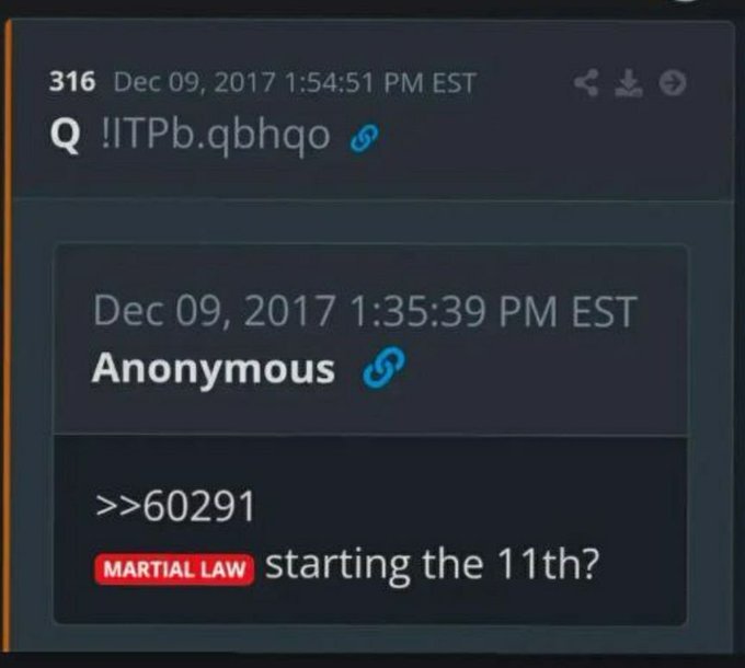 A screenshot of an anonymous QAnon-style post dated Dec 09, 2017, with the text '>>60291 MARTIAL LAW starting the 11th?' marked with a red 'MARTIAL LAW' tag.