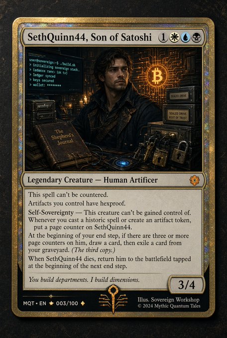 A custom Magic: The Gathering trading card titled 'SethQuinn44, Son of Satoshi', depicting a man in a leather jacket standing before a glowing Bitcoin logo with code on the left and server racks on the right, with stats of 3/4 and set code MQT.