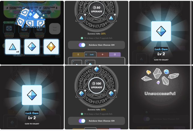 Six-panel collage of an NFT gem-upgrading mini-game showing upgrade attempts, success rates (35%, 55%), and an unsuccessful result, featuring 'Luck Gem' items at various levels.