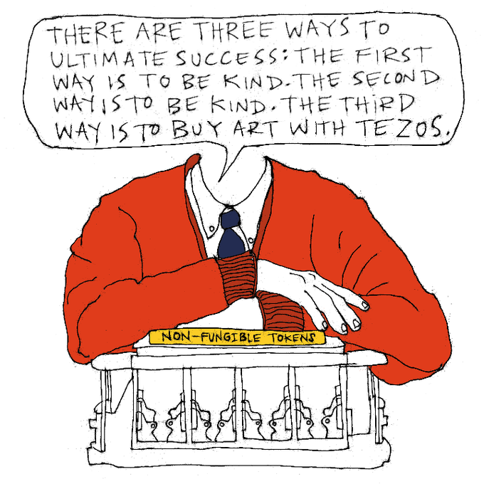 The image features an illustration of a man wearing a red sweater, sitting at a table with his arms crossed over his chest. The man's face is not visible due to the drawing style. The background of the image includes text that reads "There are three ways to ultimate success the first way is to be kind - the second way is to be kind - the third way is to buy art with tezos." This suggests a connection between the illustration and a post about kindness, which could be related to the man's character or the concept of non-fungible tokens.