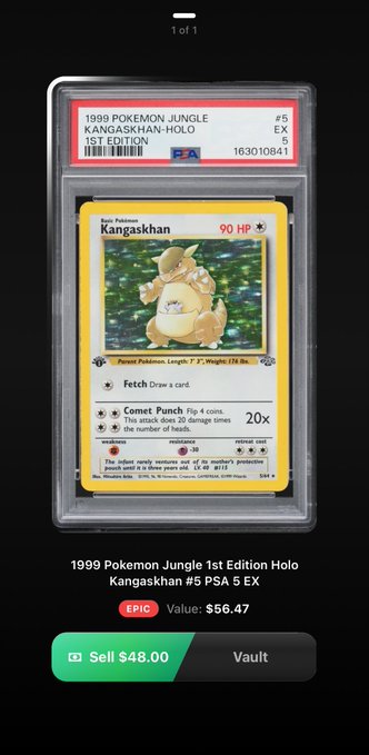 A mobile app screenshot showing a PSA 5 EX graded 1999 Pokemon Jungle 1st Edition Holo Kangaskhan #5 card valued at $56.47, with a sell option of $48.00 and Vault option.