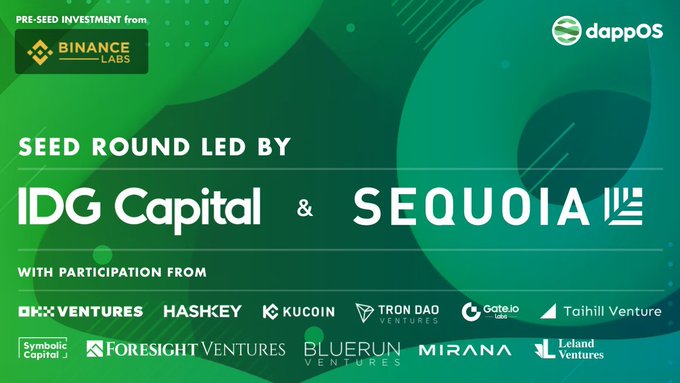 A promotional graphic for dappOS announces a 'SEED ROUND LED BY IDG Capital & SEQUOIA' with pre-seed investment from Binance Labs and participation from multiple venture firms.