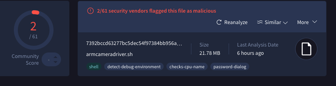 A VirusTotal interface showing a community score of 2/61 with the warning '2/61 security vendors flagged this file as malicious', analyzed 6 hours ago for the shell file 'armcameradriver.sh'.