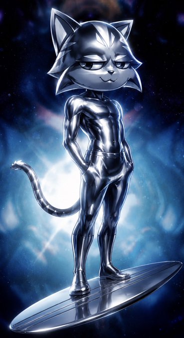 A metallic, chrome-like cat character with a confident smirk stands on a surfboard-like platform against a cosmic blue background with glowing stars.