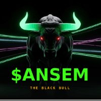 Dark digital artwork featuring a black bull with glowing green horns and red eyes, branded with '$ANSEM - THE BLACK BULL'.