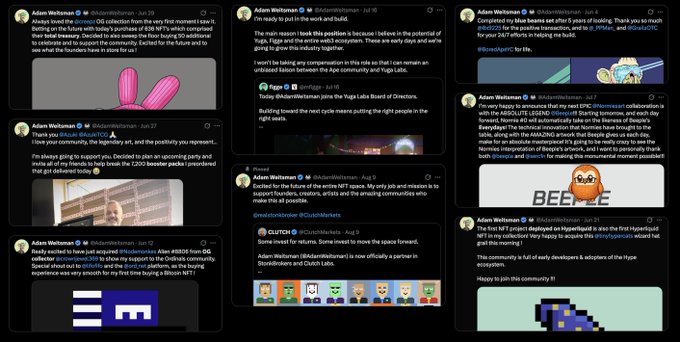 A collage of multiple Twitter posts from Adam Weltman (@AdamWeltman) discussing BAYC, BCHAIN, Yuga Labs Board of Directors, and various NFT collections like CoolCats and BEEPE.