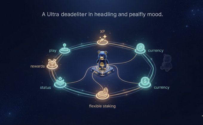 A graphic for a digital platform with a blue bear icon in the center, surrounded by orbital icons labeled 'play', 'XP', 'currency', 'flexible staking', 'status', and 'rewards', with the text 'A Ultra deadliter in headling and peafly mood' above it.