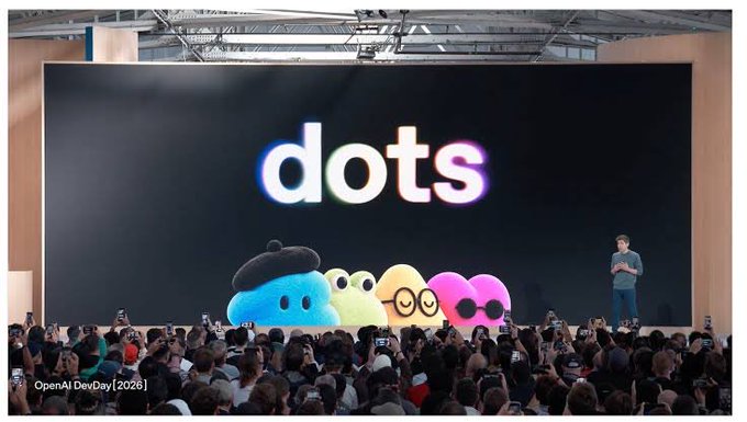 A presentation at OpenAI DevDay 2026 featuring a presenter on stage beside a large screen displaying the 'dots' logo and colorful mascot characters, while the audience records with phones.