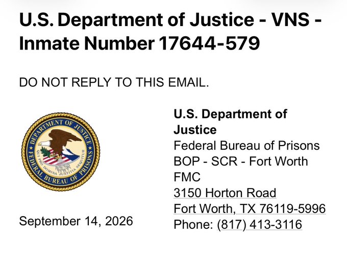 The image shows a U.S. Department of Justice letterhead from the Federal Bureau of Prisons, BOP-SCR-Fort Worth FMC, dated September 14, 2026, addressed to "Inmate Number 17644-579," which the poster suggests relates to the founder of "AML Bitcoin" being sentenced to federal prison for wire fraud and money laundering.