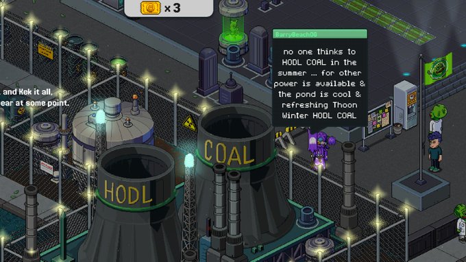 A pixel art gaming scene shows an industrial coal plant with "HODL COAL" labeled on a cooling tower and a character named "JerryBeaches" discussing summer cooling and Winter HODL COAL in a chat box. The image visually represents the crypto slang "HODL" combined with coal imagery, tying into the $PEPECOIN meme post about holding onto coins through market extremes.