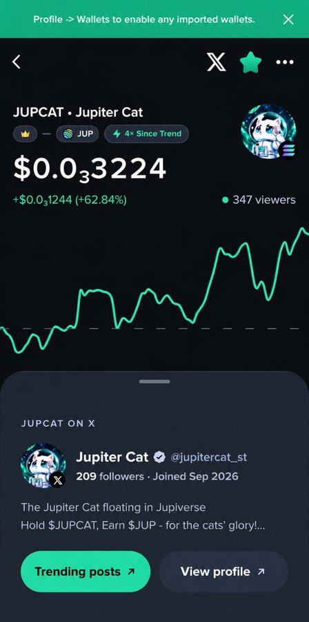 A mobile app screen displays the JUPCAT (Jupiter Cat) cryptocurrency token at $0.03224, showing a +62.84% increase with 347 viewers and a trending chart on the X platform.