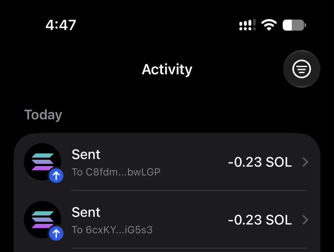 The image shows a cryptocurrency wallet activity screen displaying two "Sent" transactions of -0.23 SOL each, sent to addresses starting with "C8fdm..." and "6cxKY..." in a dark-themed mobile interface. This visually confirms the post's claim of sending SOL to recipients, with each transaction matching the small gift amount referenced in the congratulatory message.