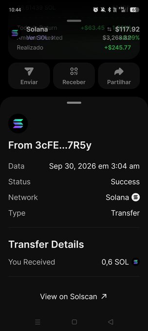 A screenshot of a Phantom wallet showing a successful Solana transfer of 0.6 SOL received from address 3cFE...7R5y on Sep 30, 2026 at 3:04 am, with portfolio values displayed at the top.