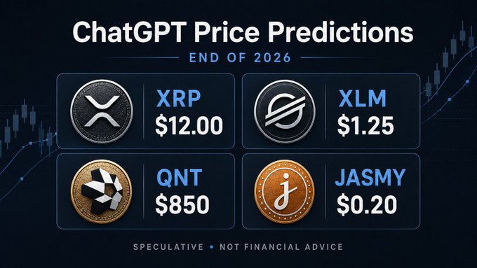 The image displays a "ChatGPT Price Predictions" graphic for the end of 2026, showing speculative targets of XRP at $12.00, XLM at $1.25, QNT at $850, and JASMY at $0.20, accompanied by a disclaimer that it's speculative and not financial advice. The graphic directly visualizes the post's mention of these four tickers as ChatGPT's forecasted crypto prices.