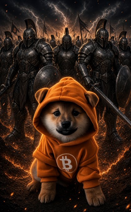 A digital artwork featuring a Shiba Inu dog wearing an orange Bitcoin hoodie, standing in front of an army of dark-armored knights under a stormy, fiery sky.