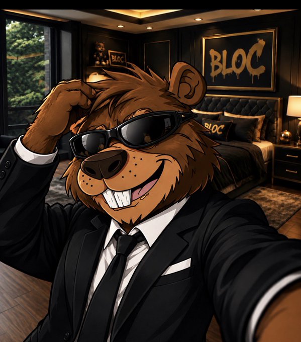 A digital illustration of an anthropomorphic brown bear wearing sunglasses and a black suit taking a selfie in a bedroom with 'BLOC' written on the wall and pillow.
