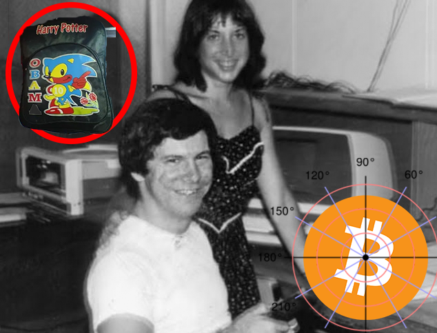 A black and white vintage photograph shows a smiling young man and woman posing indoors, overlaid with a Harry Potter backpack graphic in the upper left and a polar coordinate diagram featuring the Bitcoin symbol in the lower right.