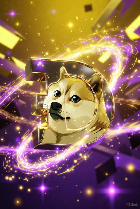 The image features a cartoon dog with a gold headband, surrounded by purple and yellow lights that create a starry effect. The dog's face is prominently displayed against this backdrop, making it the central focus of the image. The text "Dogecoin" is also present in the image, suggesting that the dog might be associated with the cryptocurrency Dogecoin or its related meme culture.