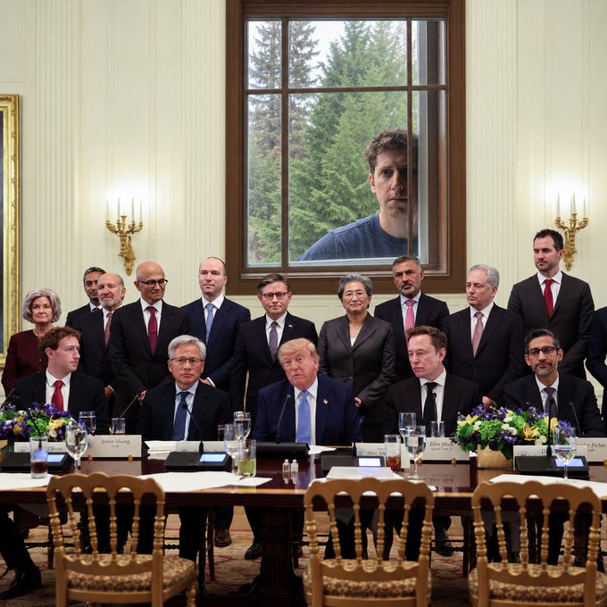 a satirical image of tech executives including Elon Musk, Donald Trump, and others seated at a formal meeting table, with a man's face peering through the window behind them.