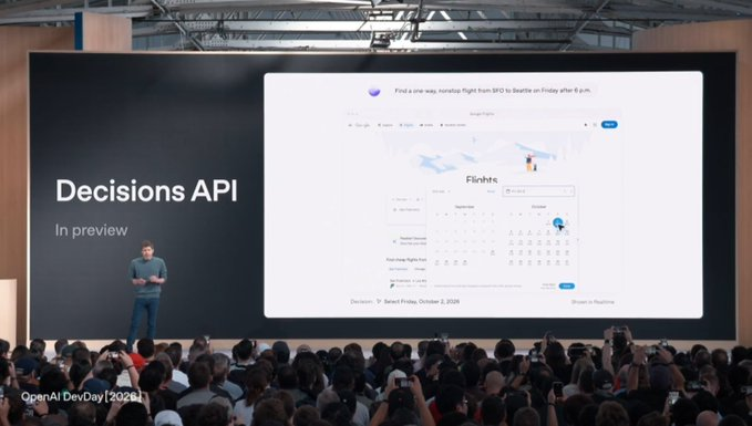 An OpenAI DevDay 2024 presentation showing a man on stage next to a large screen displaying "Decisions API - In preview" with a demo of a flight booking interface for a one-way non-stop flight from SFO to Seattle.