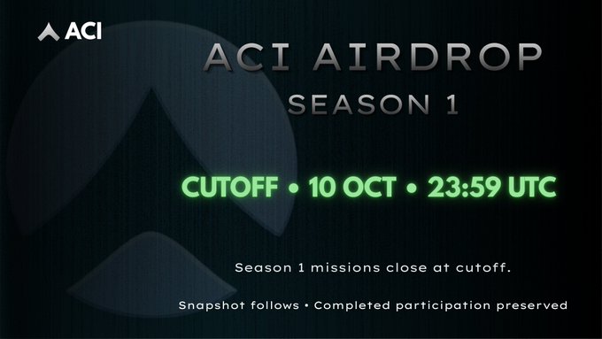 A promotional graphic for the ACI Airdrop Season 1, featuring a dark background with the ACI logo, announces a cutoff deadline of October 10 at 23:59 UTC, warning that Season 1 missions will close at the cutoff and that a snapshot will follow, preserving completed participation — aligning with the post's call for users to complete missions before the deadline.