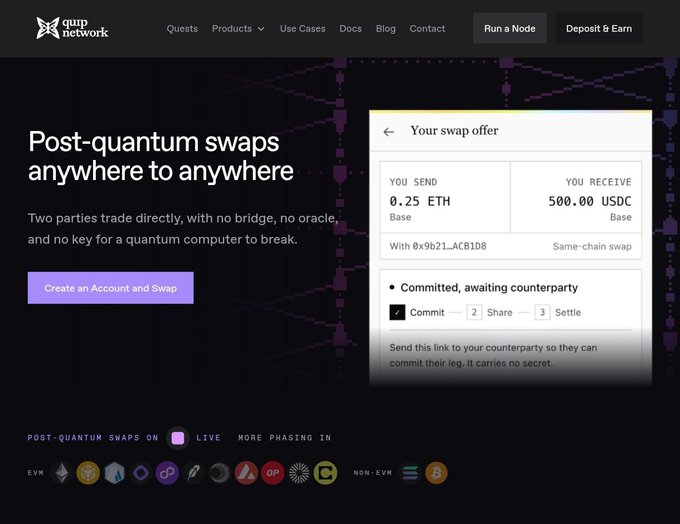 Screenshot of the 'qanp network' website advertising 'Post-quantum swaps anywhere to anywhere' with a swap offer example of 0.25 ETH for 500.00 USDC.
