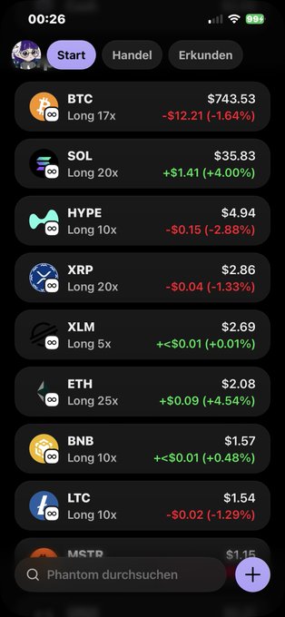 The image shows a smartphone screen displaying various cryptocurrencies, including Bitcoin. The screen also displays the time as 00:28 and highlights some of these cryptocurrency values, such as $12.43 (Long 20x), -0.83 (Long 10x) and -0.73 (Long 5x). In addition to this information, there are several icons that provide further insights into different Bitcoin services, including "Start" and "Handl". The image also includes some text from a post discussing the value of Bitcoin at the time displayed on the screen, as well as other cryptocurrency-related information.