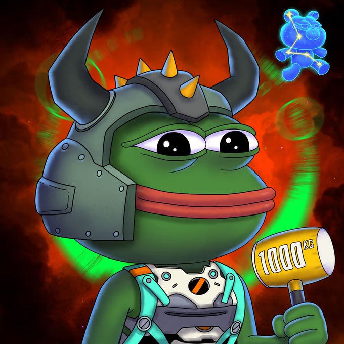 A vibrant illustration of a green Pepe-like frog character wearing a horned Viking helmet and overalls, holding a '1000 KG' hammer with a constellation bear symbol in the corner.