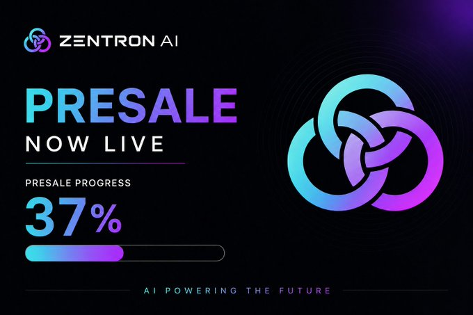 A 'ZENTRON AI' presale promotional graphic showing 'PRESALE NOW LIVE' with 37% progress, featuring a glowing purple and cyan tri-circle logo and tagline 'AI POWERING THE FUTURE'.
