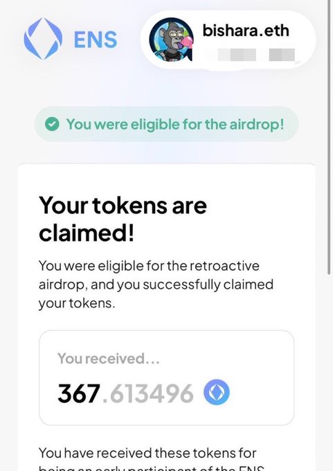 A screenshot of an ENS (Ethereum Name Service) airdrop claim page showing the username 'bishara.eth', confirming eligibility with the message 'Your tokens are claimed!' and indicating a received amount of '367.613496' tokens.