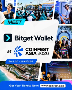 Promotional graphic for Bitget Wallet's attendance at Coinfest Asia 2026 in Bali, August 20-21, featuring photos of the team engaging with attendees at crypto conferences, with text reading "MEET Bitget Wallet at COINFEST ASIA 2026, BALI, 20-21 AUGUST" and directing viewers to coinfest.asia for tickets, aligning with the post's announcement of their panel participation and pasar malam event.
