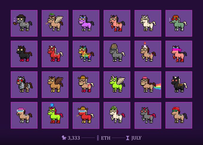 A pixel art grid of 24 uniquely styled horses with various hats, accessories, and colors, with text at the bottom reading "3,333 · ETH · JULY," illustrating the HorsesDotFun NFT collection's customizable, on-chain horse characters with a set supply and mint date.
