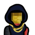 A small digital illustration of a hooded figure with a pixelated yellow face and a gold chain necklace against a white background.