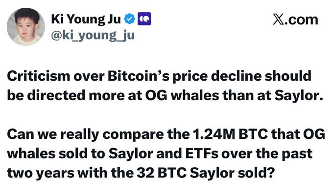 The image features a post where someone has shared a quote from Ki Young Ju about Bitcoin's price decline, suggesting that the current price could be closer to $22,000 if a cryptocurrency like Bitcoin were to absorb the amount of 1.24 million BTC sold by OG whales over the past two years. The text is all in black and centered on the image.