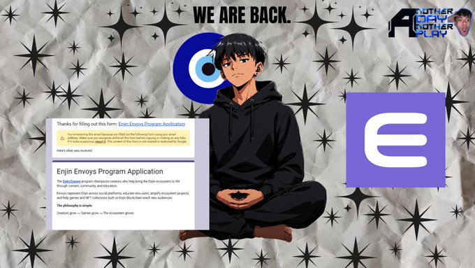 A graphic titled 'WE ARE BACK' featuring an anime-style character sitting cross-legged alongside Enjin/Ecosystem and Enjin Envoy Program Application information.